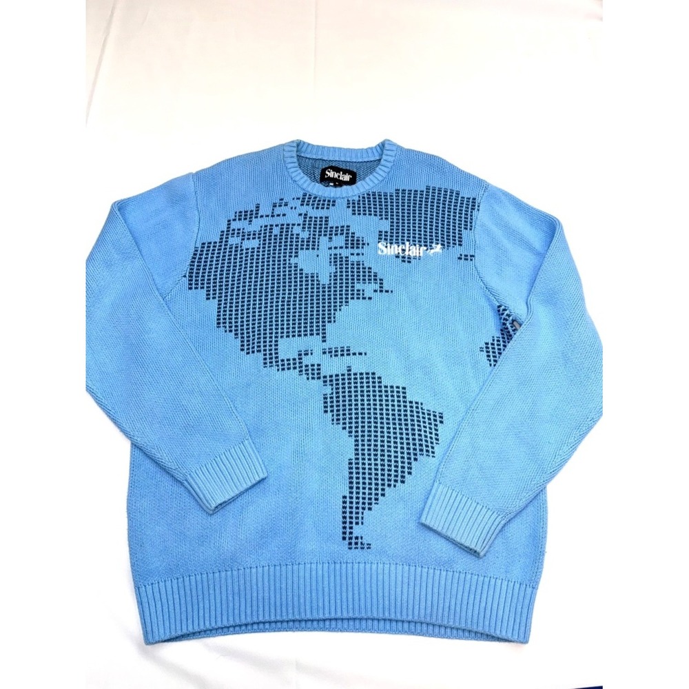 SINCLAIR GLOBAL Mens Medium Blue Intarsia-Knit World Map Long Sleeve Sweater